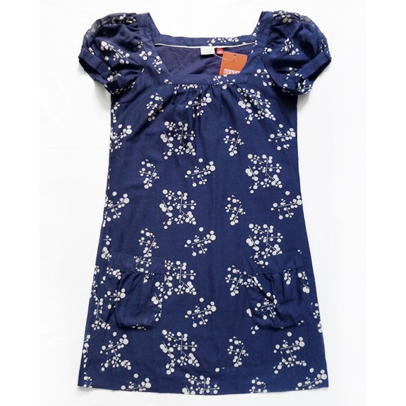 NWT ESPRIT Square Neckline Floral Puff Sleeve Silk Blend Dress + Pockets Size 2 - Picture 1 of 7